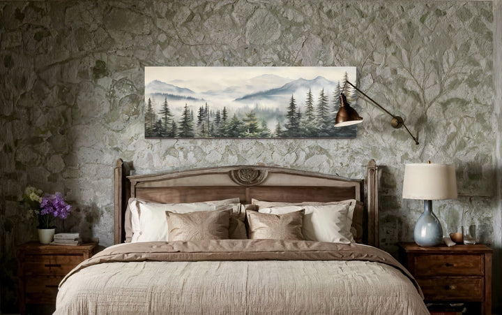 Foggy Forest Sage Green Long Horizontal Above Bed Wall Art