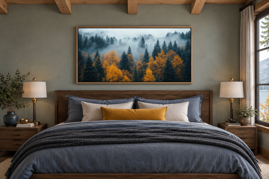 Moody Foggy Forest Framed Canvas Wall Art in a rustic bedroom above a wooden bed frame.