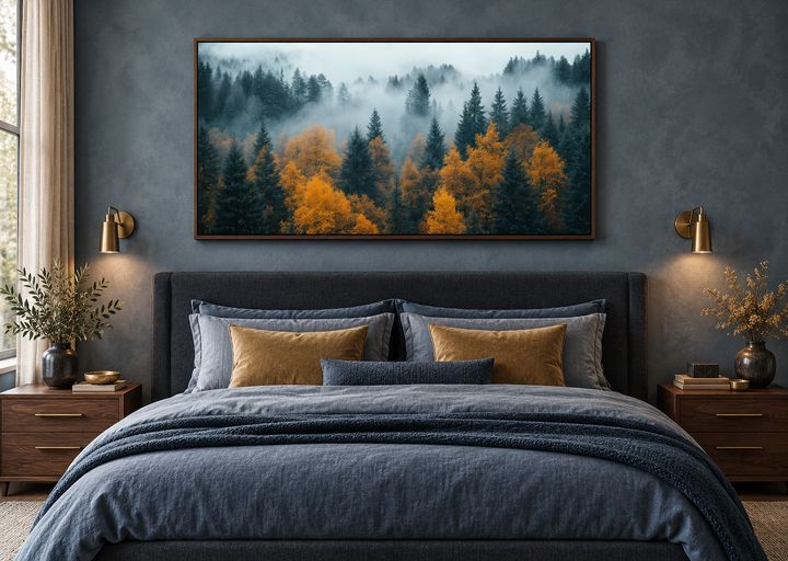 Moody Foggy Forest Framed Canvas Wall Art above a bed in a dark blue bedroom.