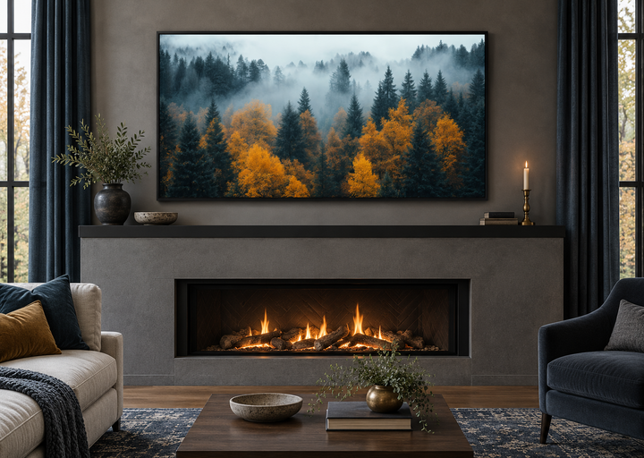 Moody Foggy Forest Framed Canvas Wall Art hanging above a modern fireplace in a cozy living room.