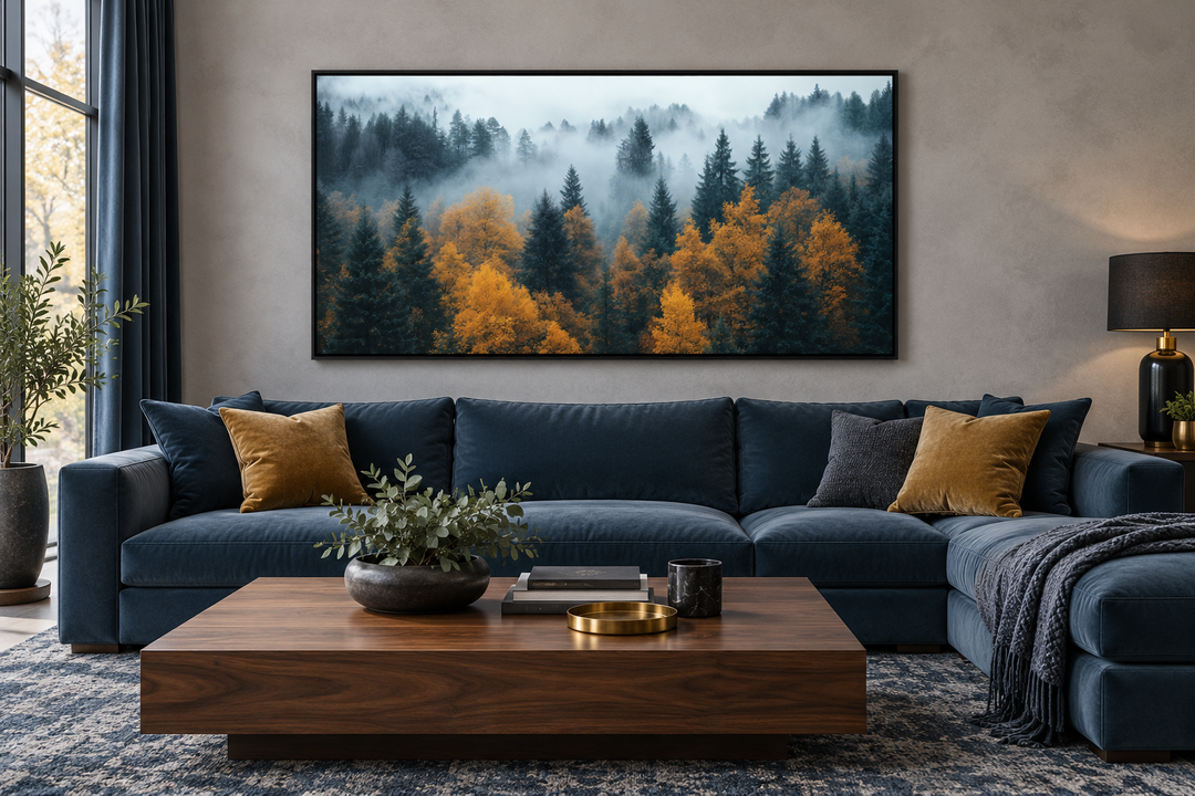 Moody Foggy Forest Framed Canvas Wall Art above a blue sectional sofa in a modern living room.
