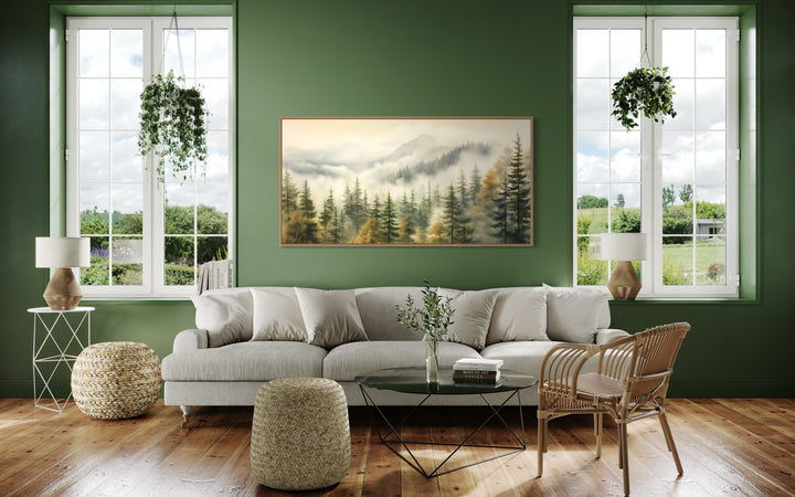 Foggy Forest Wall Art – Sage Green Framed Canvas | Rustic Woodland Decor