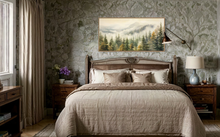 Foggy Forest Wall Art – Sage Green Framed Canvas | Rustic Woodland Decor