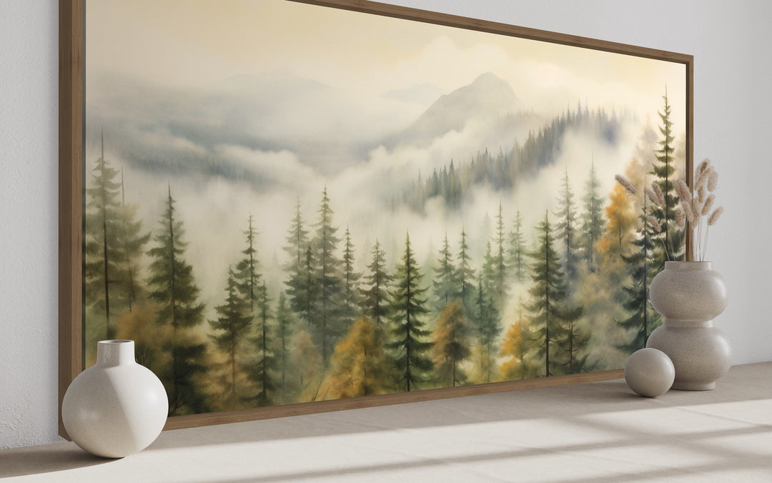 Foggy Forest Wall Art – Sage Green Framed Canvas | Rustic Woodland Decor