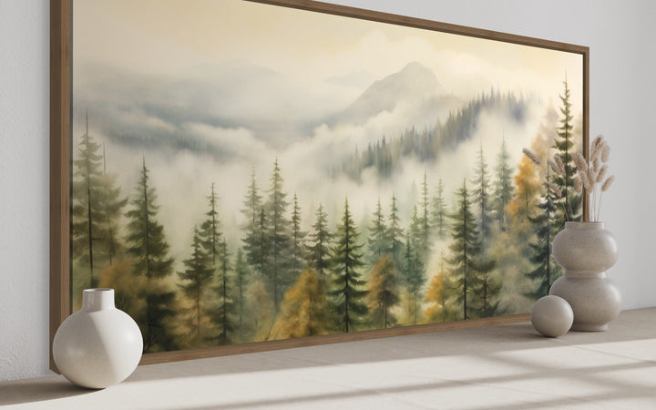 Foggy Forest Wall Art – Sage Green Framed Canvas | Rustic Woodland Decor