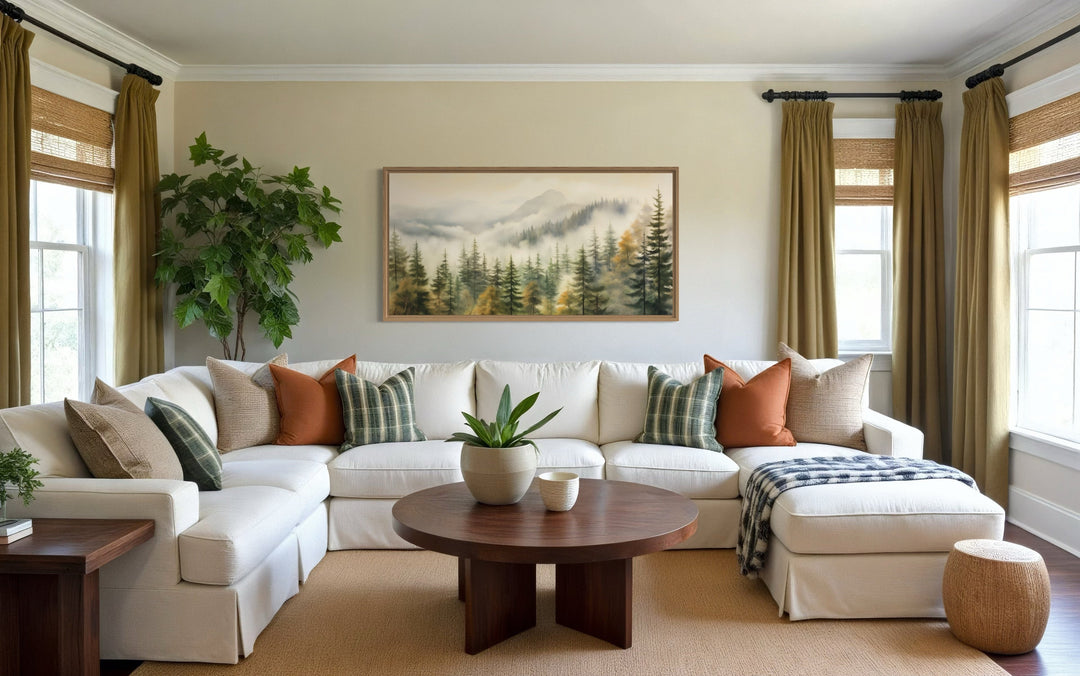 Foggy Forest Wall Art – Sage Green Framed Canvas | Rustic Woodland Decor