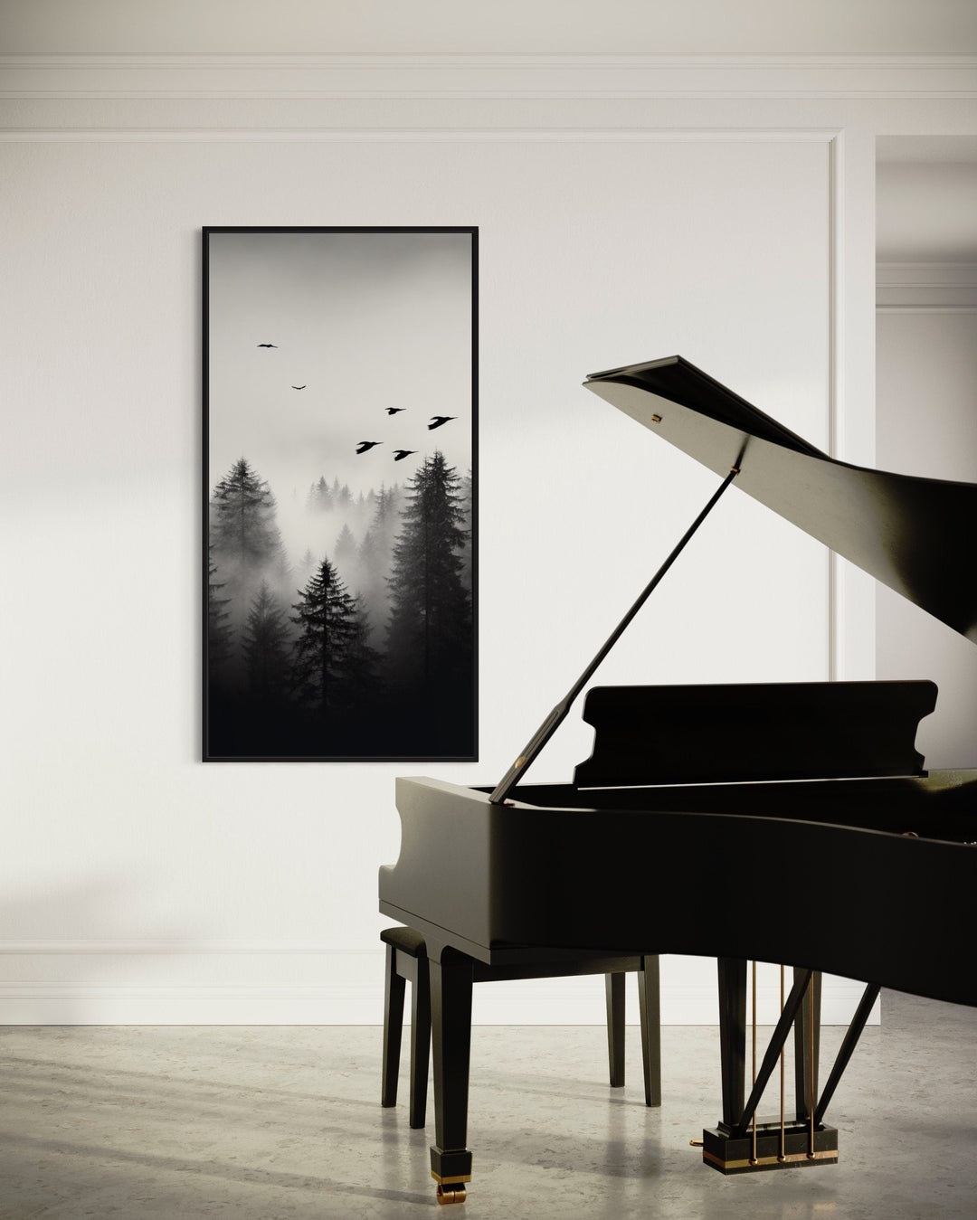 Foggy Forest Wall Art – Tall Vertical Black and White Canvas for Rustic Home Decor