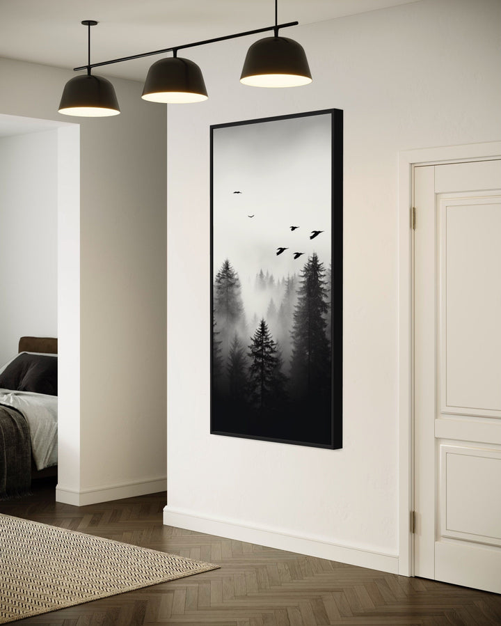 Foggy Forest Wall Art – Tall Vertical Black and White Canvas for Rustic Home Decor