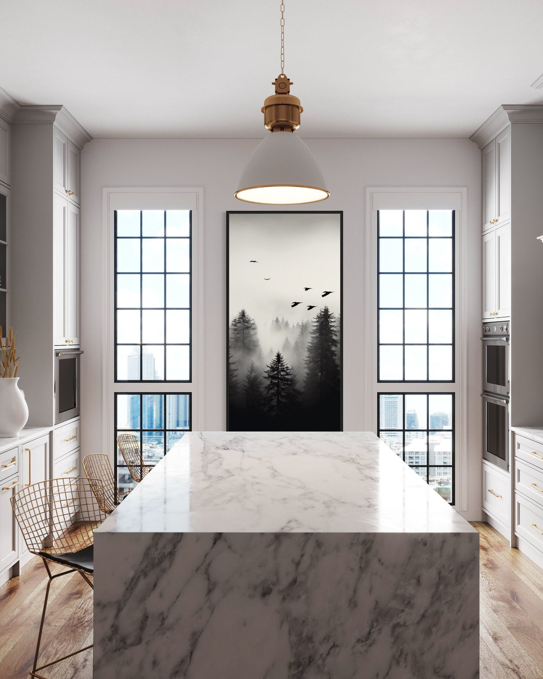 Foggy Forest Wall Art – Tall Vertical Black and White Canvas for Rustic Home Decor