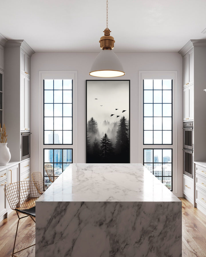 Foggy Forest Wall Art – Tall Vertical Black and White Canvas for Rustic Home Decor