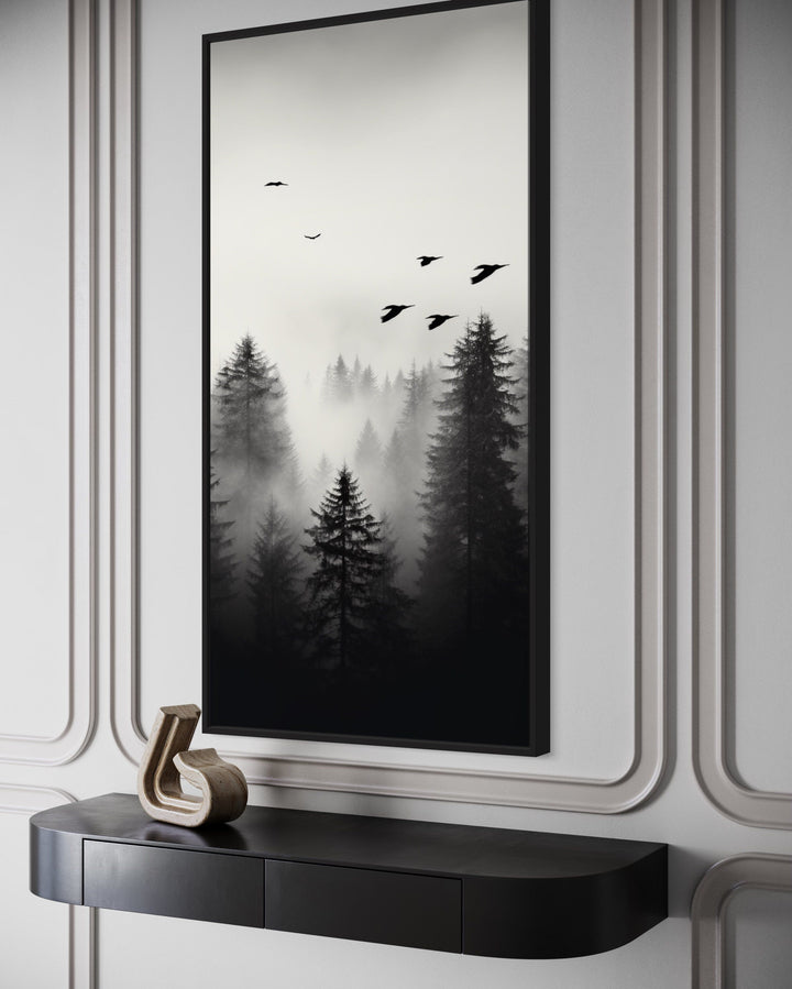 Foggy Forest Wall Art – Tall Vertical Black and White Canvas for Rustic Home Decor