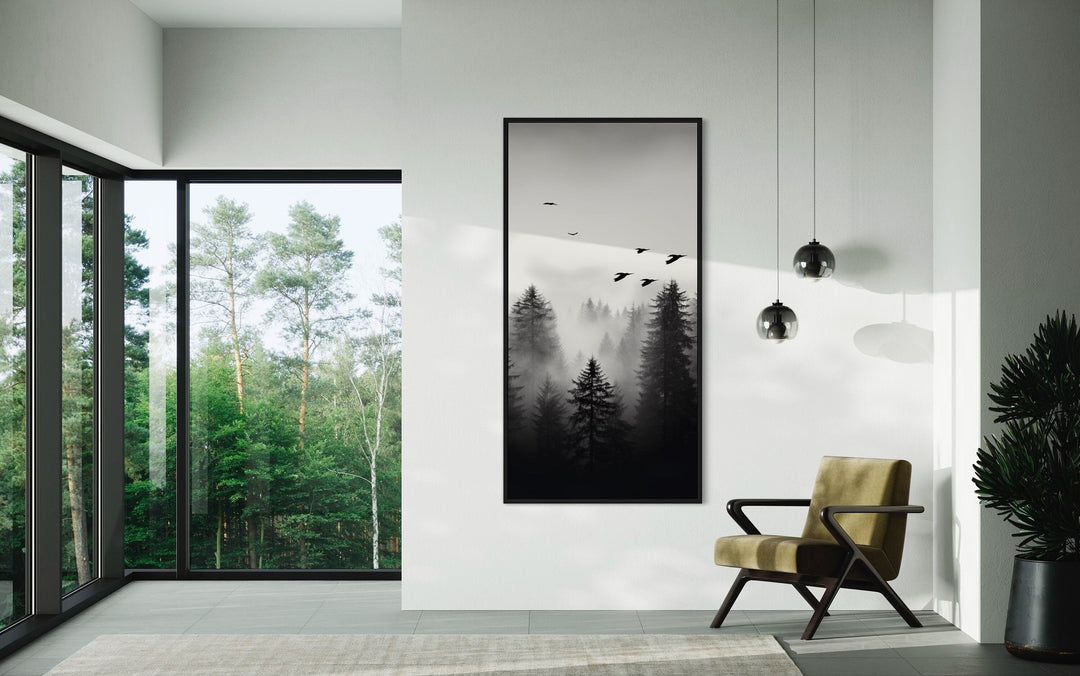 Foggy Forest Wall Art – Tall Vertical Black and White Canvas for Rustic Home Decor