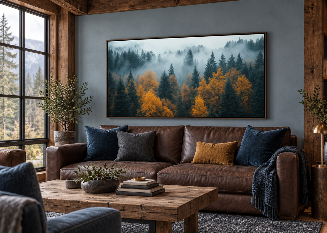 Moody foggy forest framed canvas wall art above a brown leather sofa in a rustic living room.