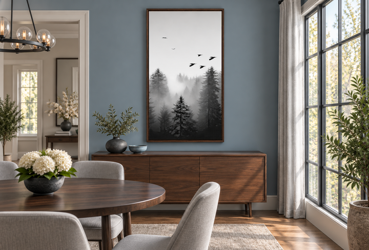 Tall vertical black and white canvas art of a foggy fir tree forest in a rustic dining room.