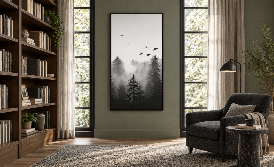 Tall vertical black and white canvas art of a foggy fir forest with birds, in a black frame.