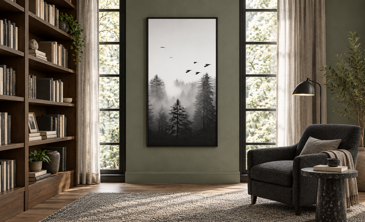 Tall vertical black and white canvas art of a foggy fir forest with birds, in a black frame.