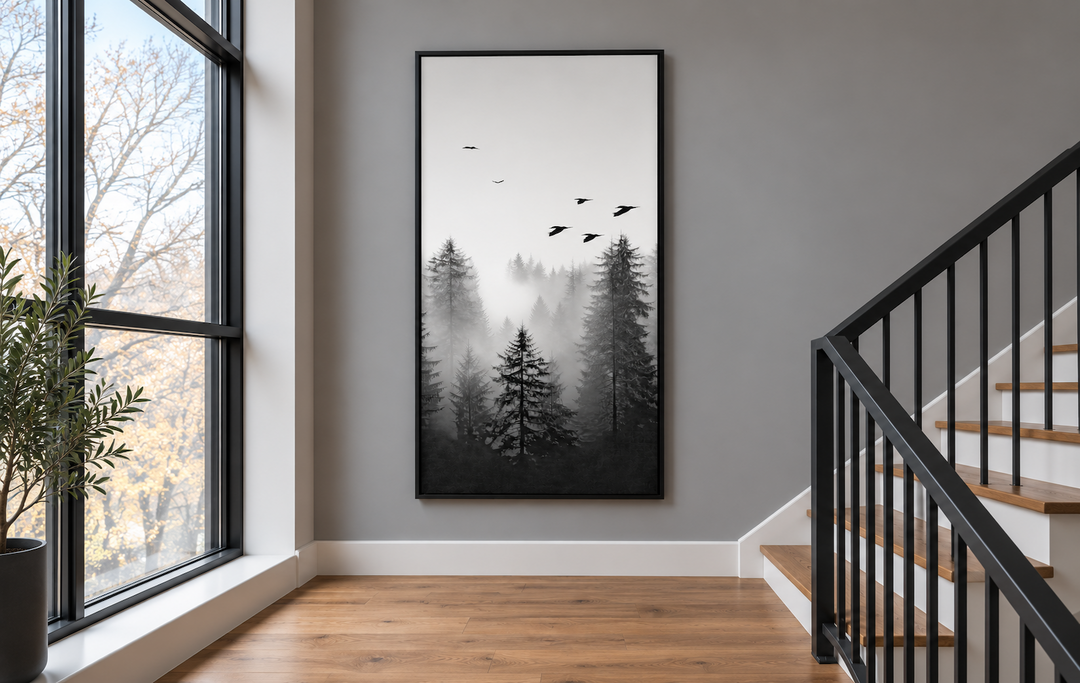 Tall vertical black and white canvas art of a foggy fir forest with birds, hanging in a stairway.