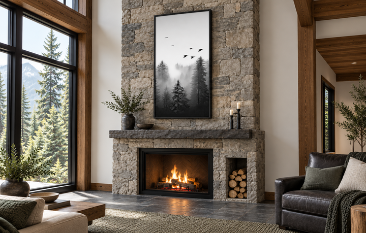 Tall vertical black and white canvas art of a foggy fir forest above a stone fireplace.