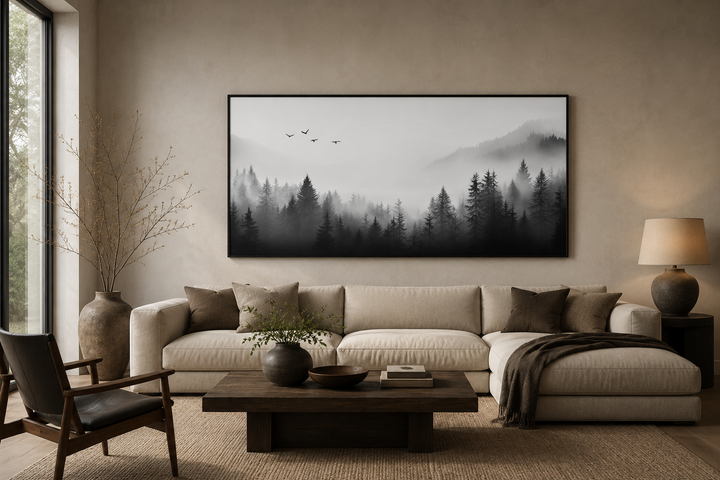 Foggy Forest Black White Minimalist Framed Canvas Wall Art hanging above a neutral sofa.