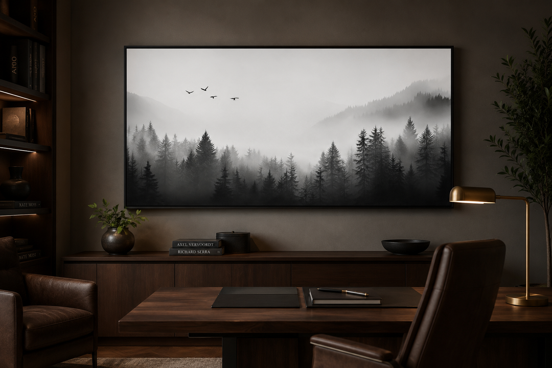 Foggy forest black and white minimalist framed canvas wall art hanging in a dark, modern office.