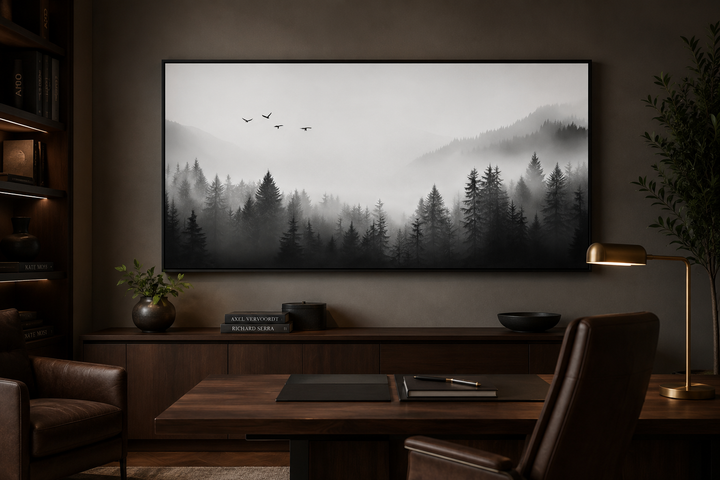 Foggy forest black and white minimalist framed canvas wall art hanging in a dark, modern office.
