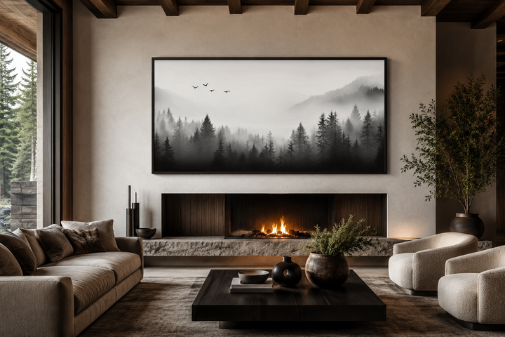 Large framed black and white minimalist canvas art of a foggy forest above a modern fireplace.