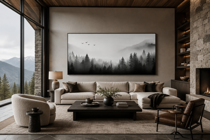 Large framed black and white canvas art of a foggy forest above a sofa in a modern living room.