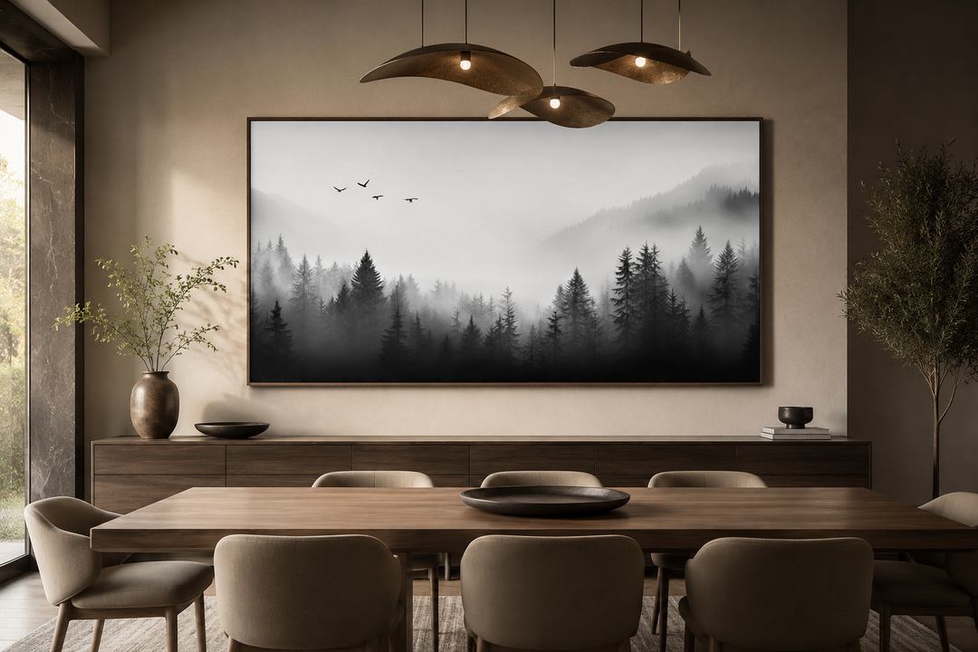 Foggy forest black and white minimalist framed canvas wall art above a wooden dining table.