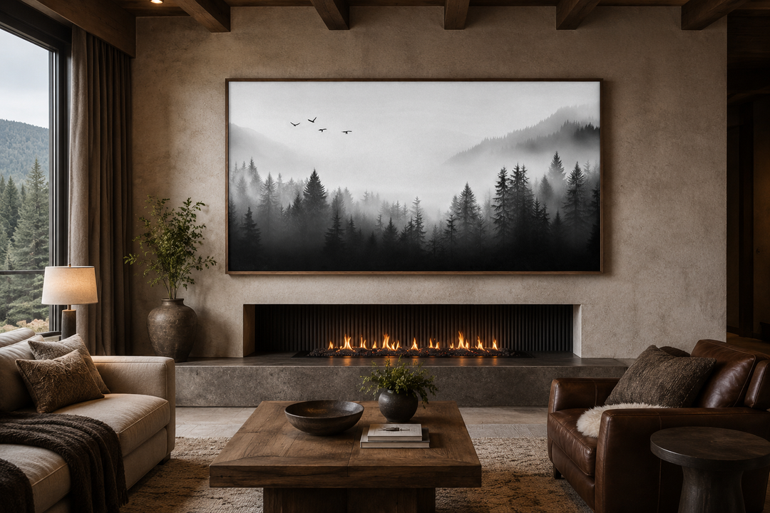Foggy forest black and white minimalist framed canvas wall art hanging above a modern fireplace.