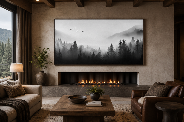 Foggy forest black and white minimalist framed canvas wall art hanging above a modern fireplace.