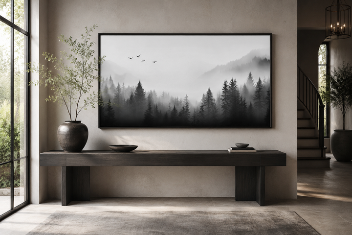 Minimalist black and white framed canvas wall art of a foggy forest with birds above a dark bench.