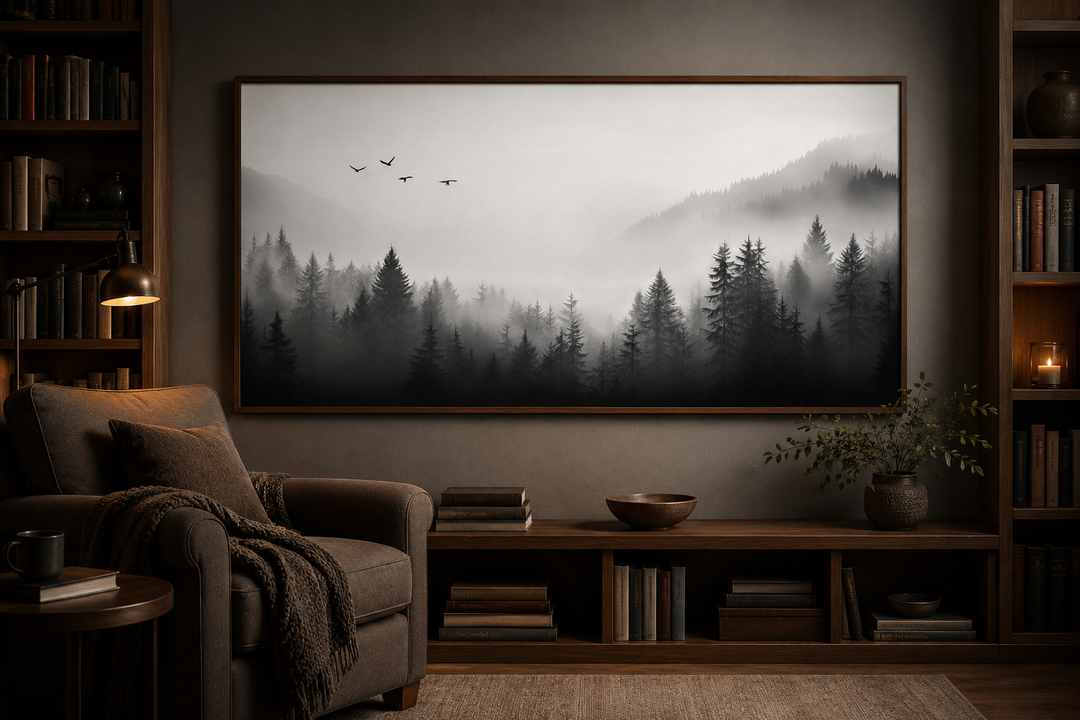 Foggy forest black and white minimalist framed canvas wall art hanging in a cozy living room.