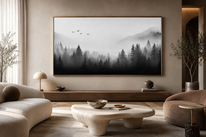 Framed black and white minimalist canvas art of a foggy forest above a wooden console in a room.