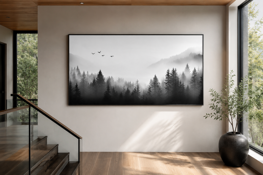 Large framed black and white canvas wall art of a foggy forest with birds above a modern staircase.