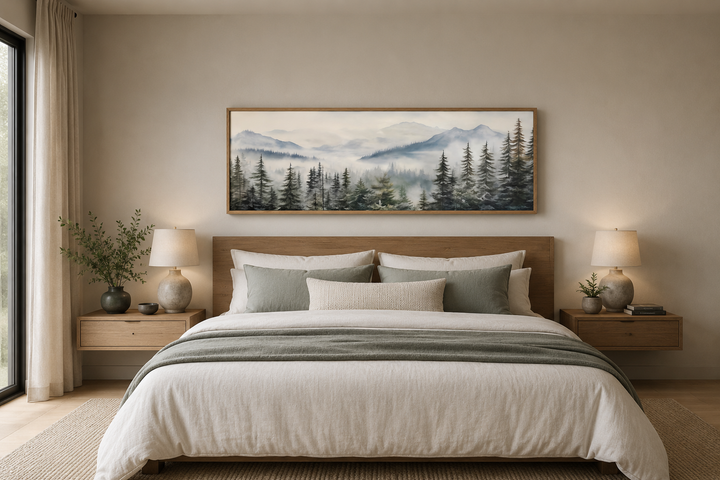Foggy forest sage green long horizontal wall art in a wooden frame hanging above a bed.