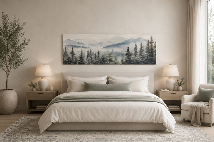 Foggy forest sage green long horizontal canvas wall art hanging above a bed in a neutral bedroom.