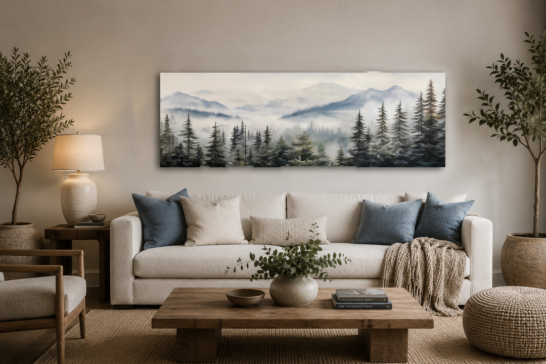 Foggy forest sage green long horizontal canvas wall art hanging above a sofa in a living room.