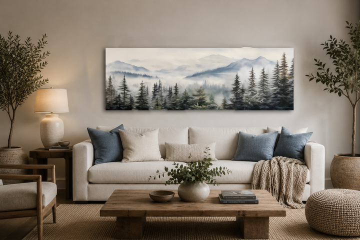 Foggy forest sage green long horizontal canvas wall art hanging above a sofa in a living room.
