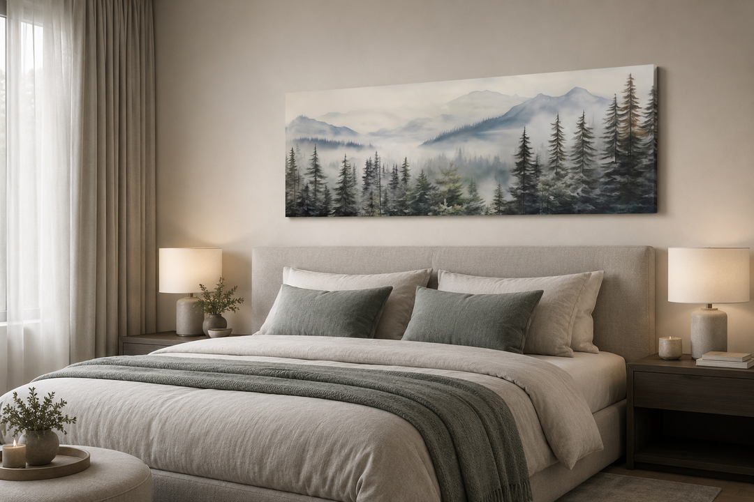 Foggy forest sage green long horizontal canvas wall art hanging above a bed in a neutral bedroom.