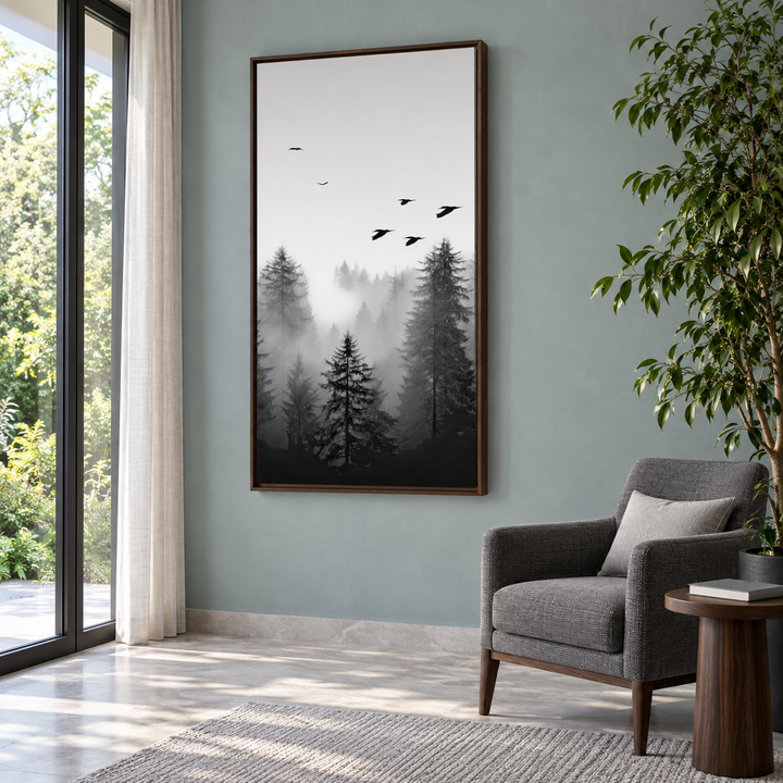 Tall vertical black and white canvas art of a foggy fir forest with birds in a dark wood frame.