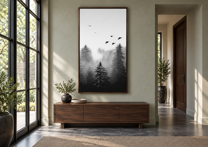 Tall vertical black and white canvas art of a foggy fir tree forest with birds, in a dark wood frame