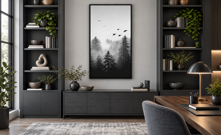 Tall vertical black and white canvas art of a foggy fir tree forest with birds, framed on a wall.