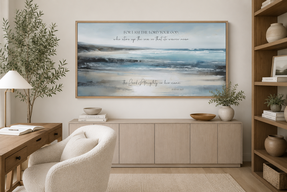 Coastal canvas wall art with Isaiah 51:15 scripture over a tranquil blue and beige ocean painting.