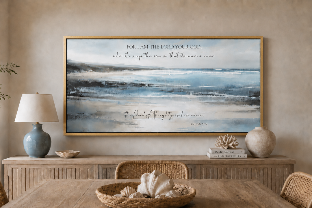 Coastal canvas wall art with Isaiah 51:15 scripture over a tranquil blue and gray ocean scene.