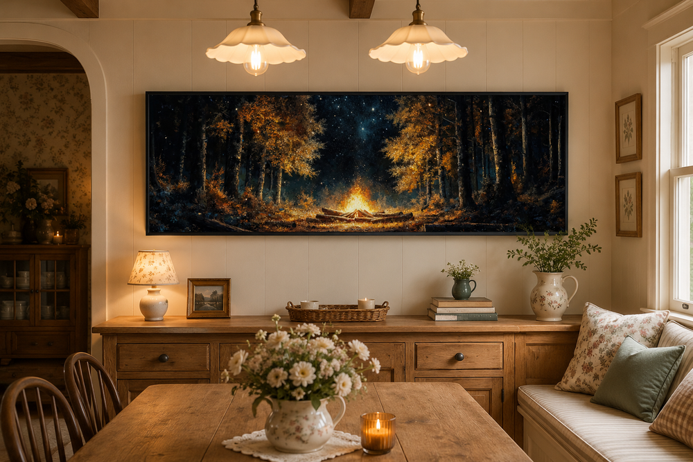 Panoramic forest campfire wall art in a rustic dining room above a wooden sideboard.
