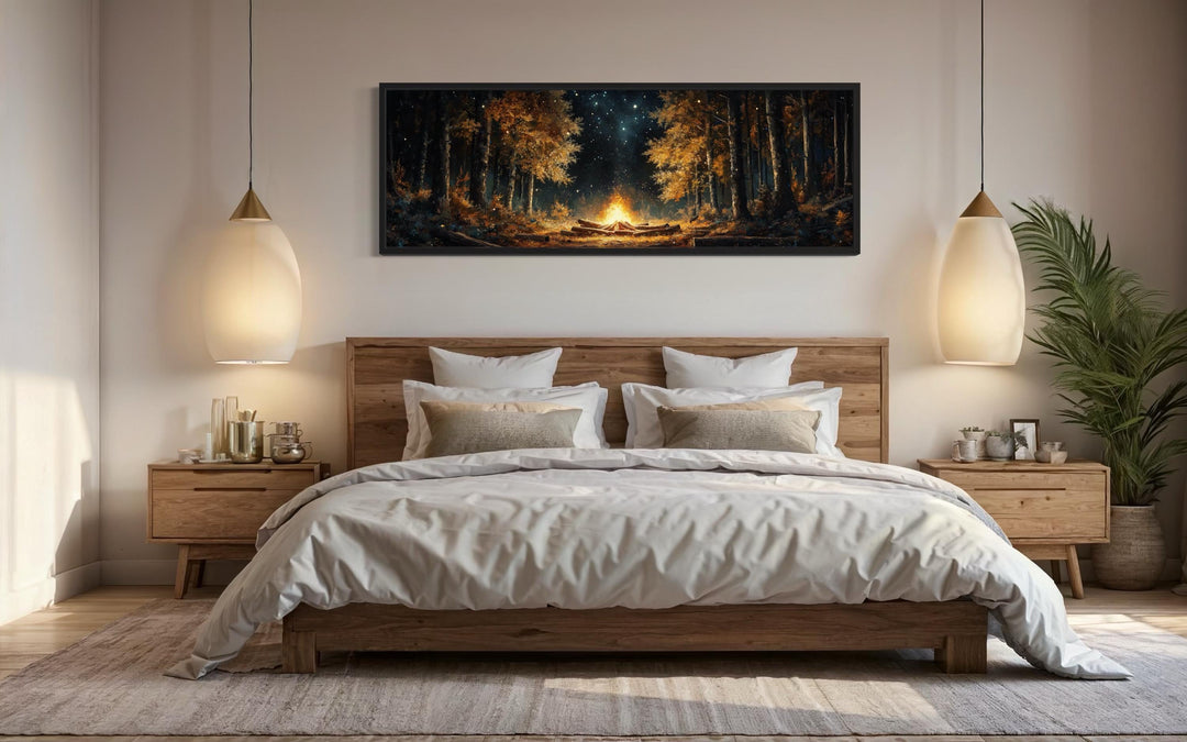 Forest Campfire Long Horizontal Wall Art For Cabin Decor