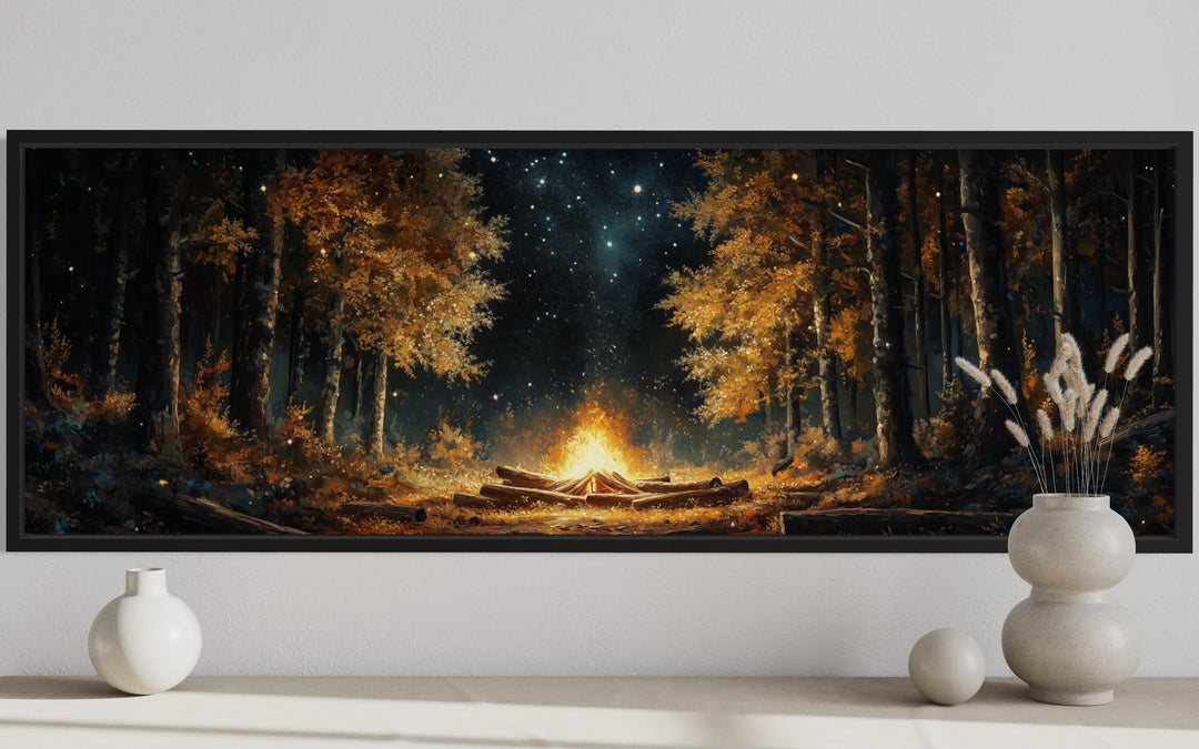 Forest Campfire Long Horizontal Wall Art For Cabin Decor