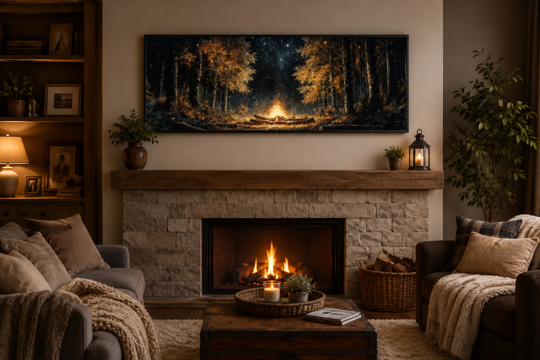Panoramic wall art of a glowing campfire in a dark forest with tall trees in earthy tones.