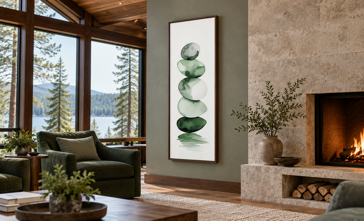 Tall narrow vertical framed canvas art of stacked forest green watercolor rocks on a white background