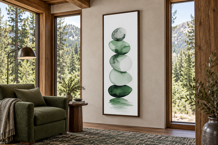 Tall narrow framed canvas art of stacked forest green watercolor rocks in a rustic reading room.